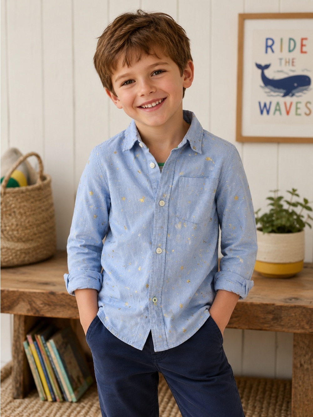 MINI Boden | Gold Star Button Down Shirt | 7/8 Years